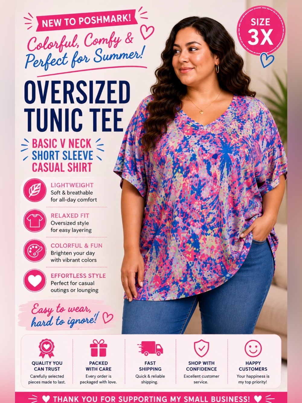 Women Oversized Summer Basic V Neck Short Sleeve Casual Tunic Shirt 3X
